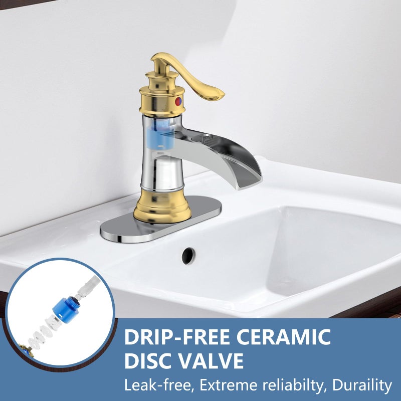 Homevacious Bathroom Faucet Waterfall Sink Faucets Bathroom Widespread Single Handle Chrome and Gold for 1 or 3 Holes Rustic Vanity Farmhouse with Pop-up Drain Deck Plate Hose - Image 4